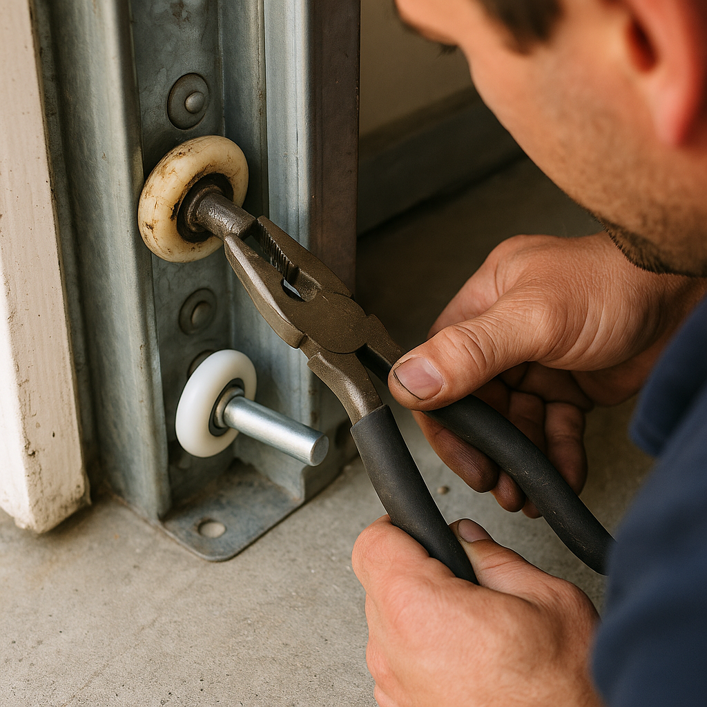 Garage door repair service, technician fixing garage door roller with pliers.