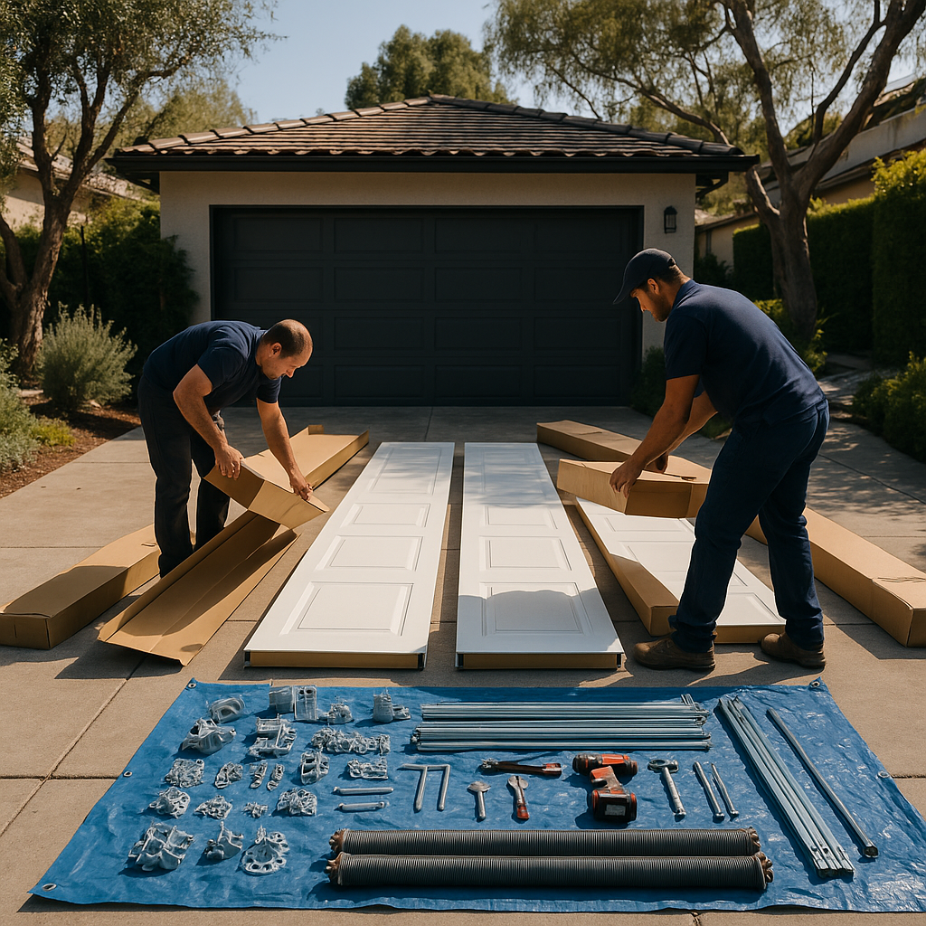 Garage door installation, opening box, garage door panels, hardware, professional service