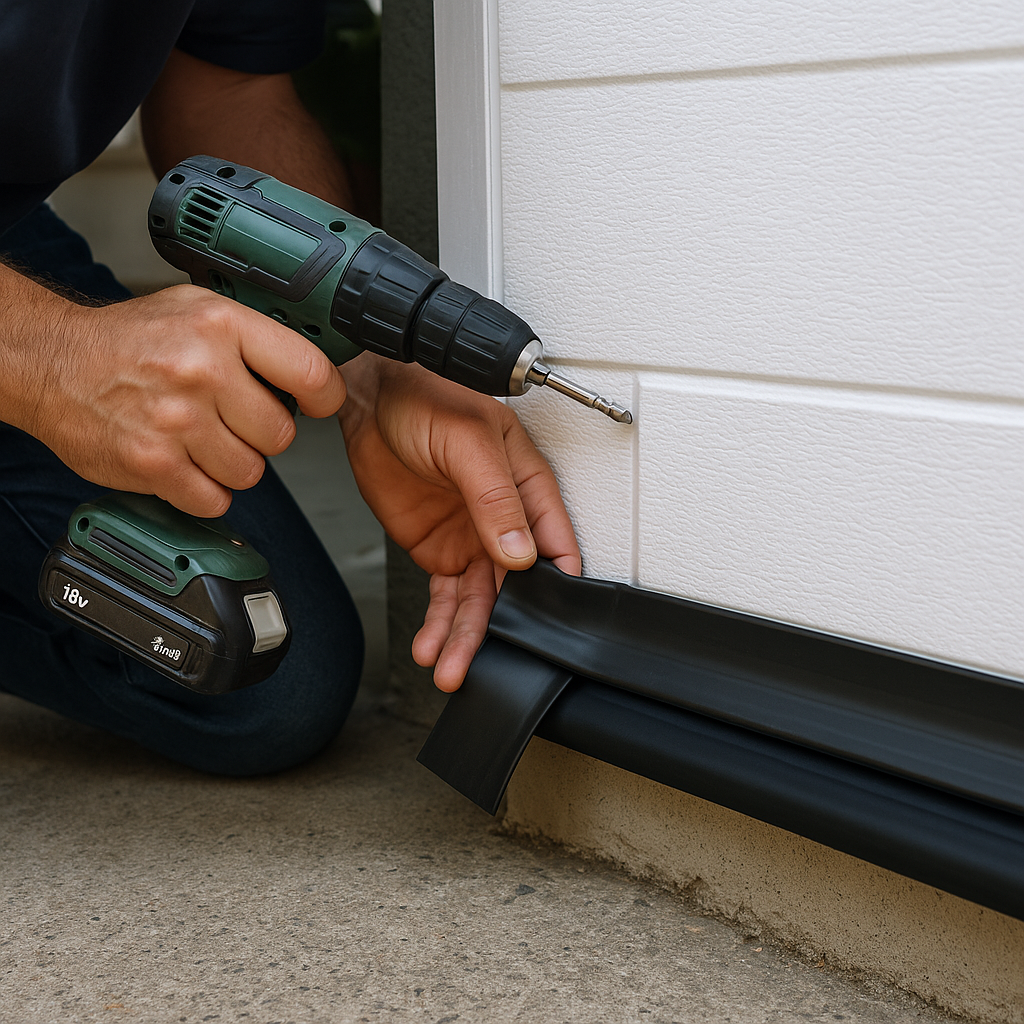 Professional installs garage door bottom seal with a drill