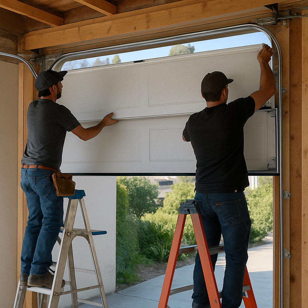 Professional garage door installation being performed by two workers.