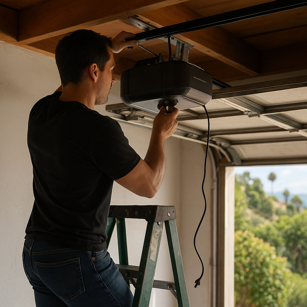 Professional installing garage door opener mechanism on ceiling track