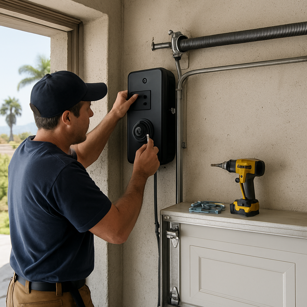 Professional installing a smart garage door opener device