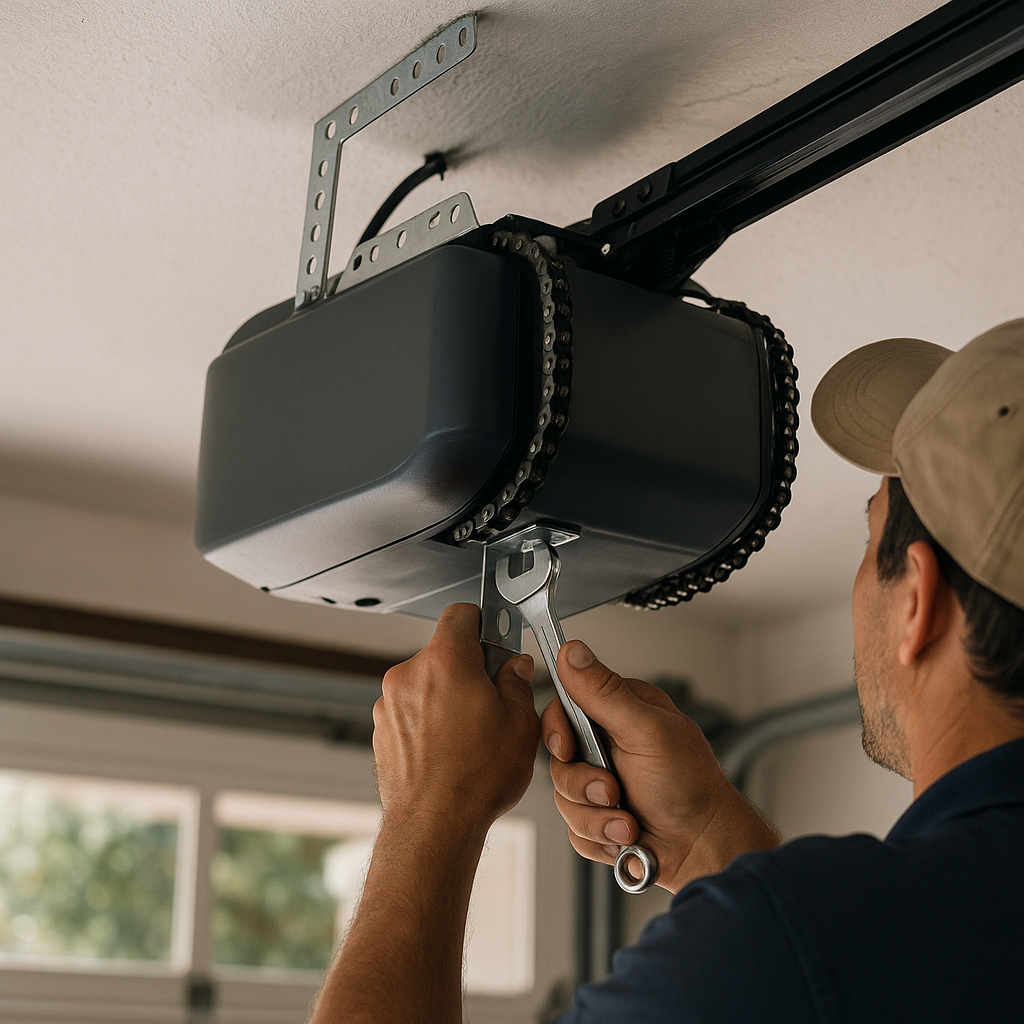 Technician adjusting garage door opener with wrench