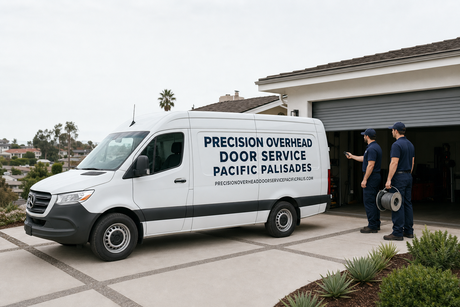 Professional technician fixing garage door on ladder emergency repair in Beverly Hills, CA