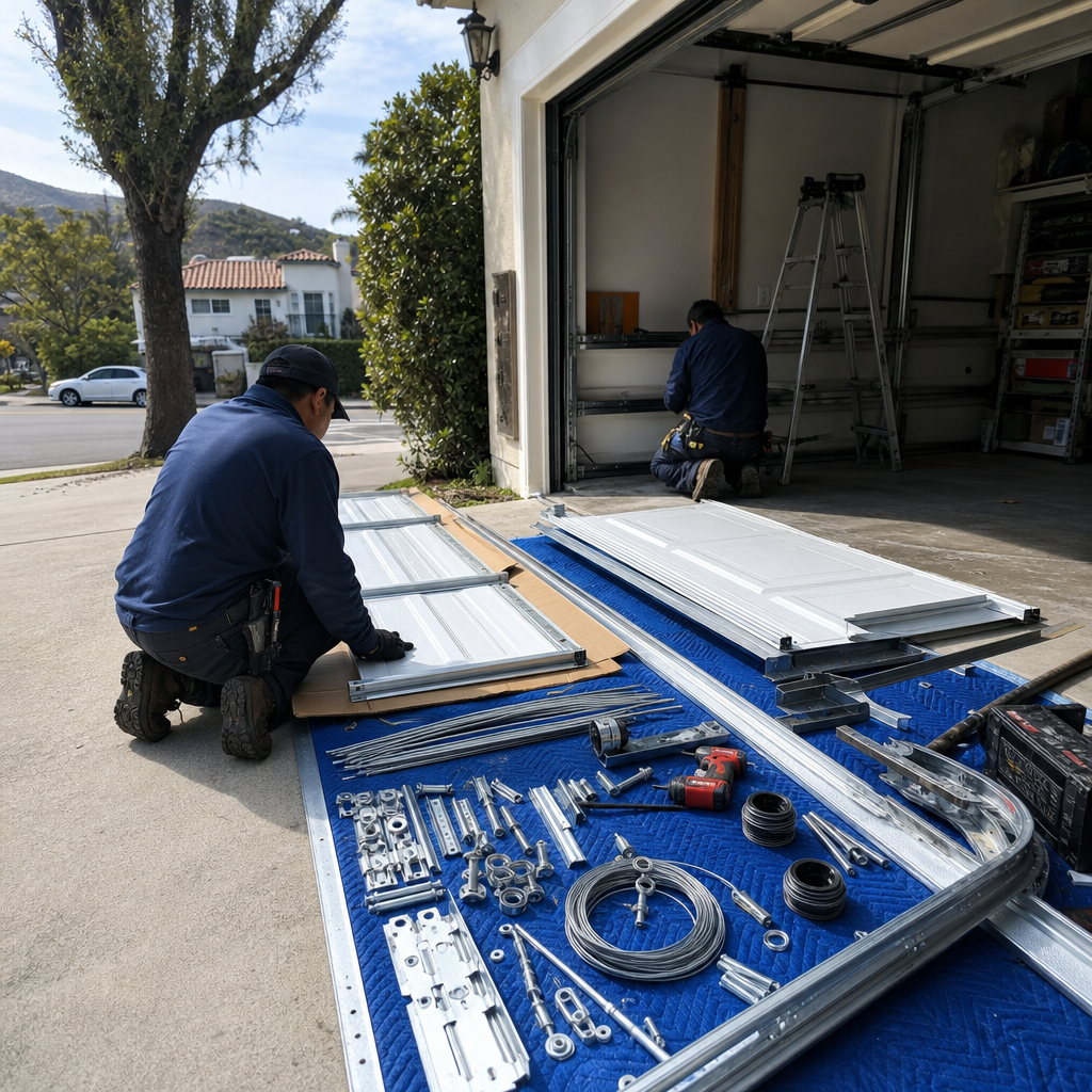 Garage door installation, professional installing new garage door panels and hardware.