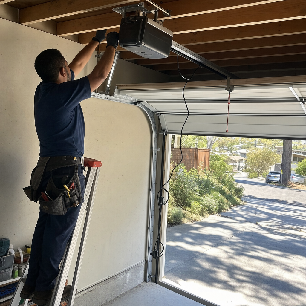 Technician installs garage door opener
