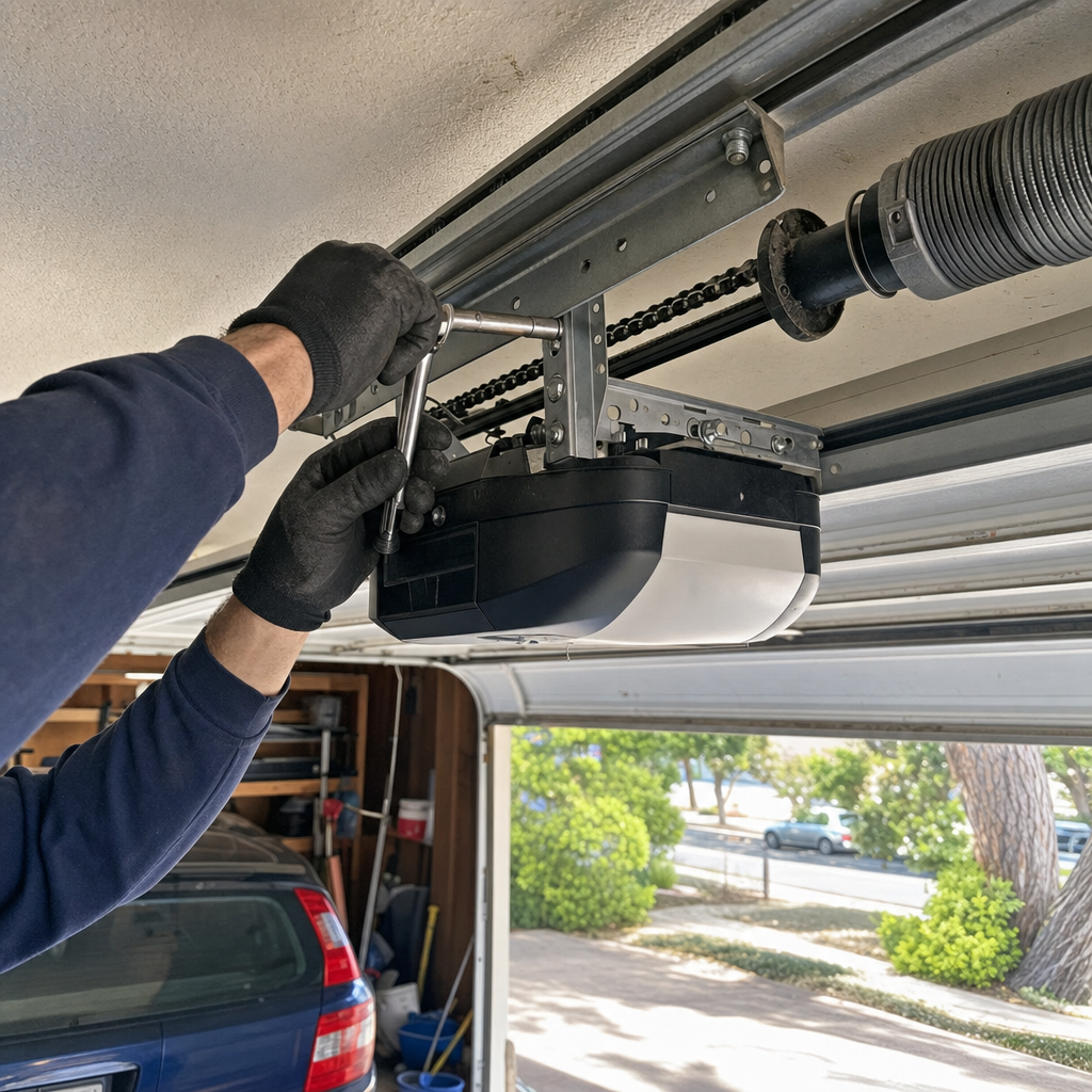 Technician working on garage door opener installation