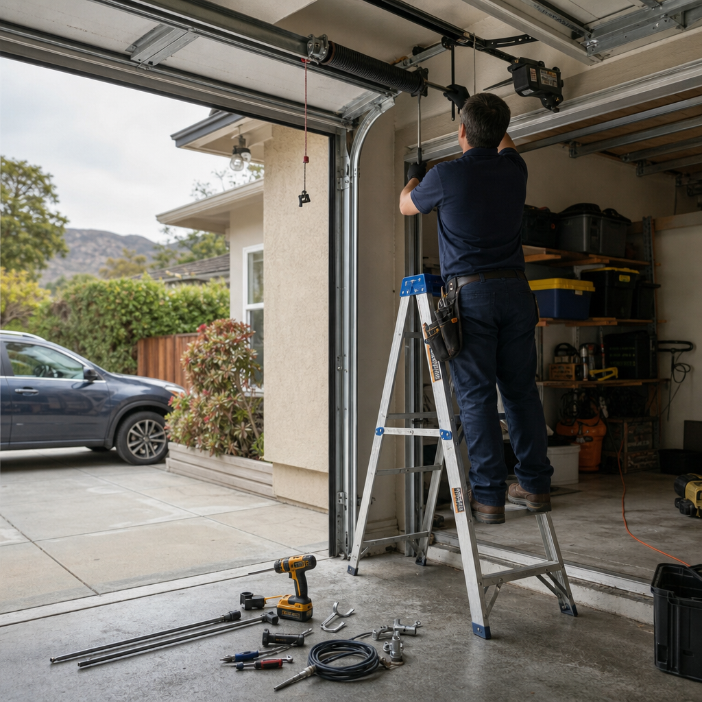 Garage door technician installing parts with tools and ladder
