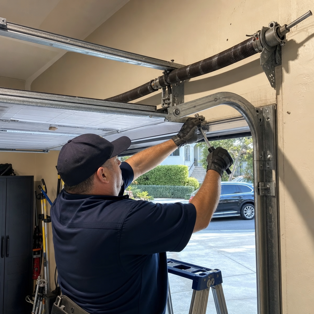 Garage door technician working on garage door spring