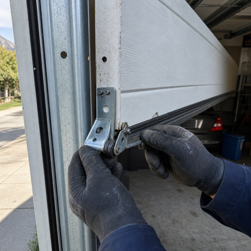Garage door roller adjustment with gloved hands on bracket