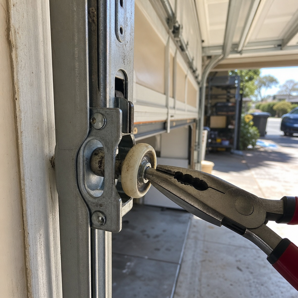 Garage door roller repair, professional using pliers on track.