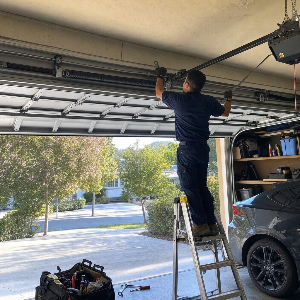 Garage door repair technician working on a garage door mechanism from a ladder.