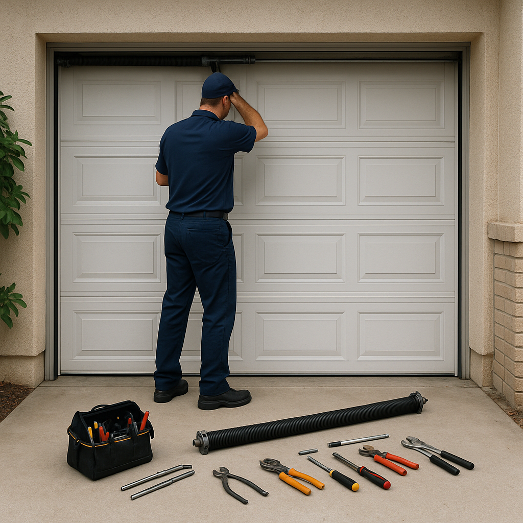 Technician with garage door parts and tools working on a garage door. in Pacific Palisades, CA