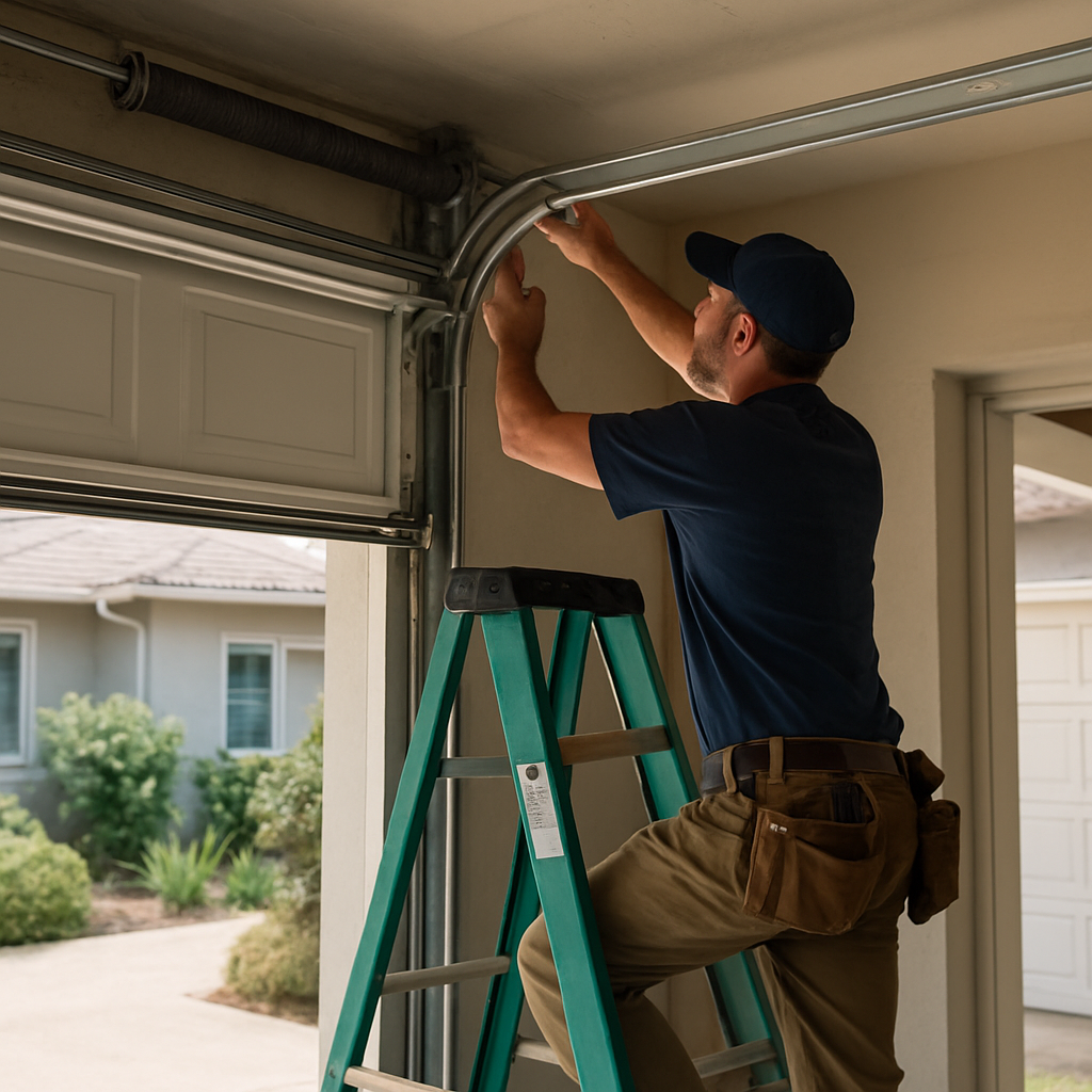 Technician performing garage door parts repair on spring and track. in Pacific Palisades, CA