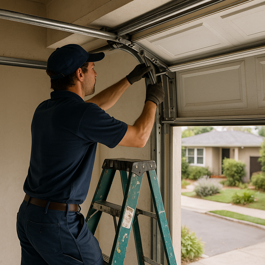 Professional technician fixing garage door on ladder emergency repair in Pacific Palisades, CA